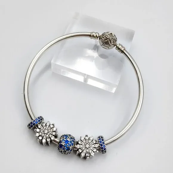 Pandora Sterling 925 Pattern Of Love Bangel Bracelet 5 Charms Clear & Blue CZ